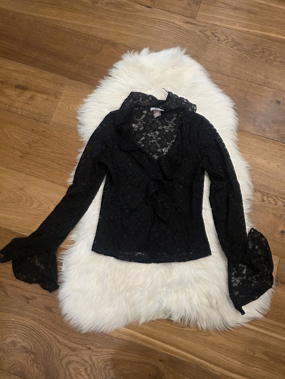 Vintage Black Lace Ruffle V-Neck Blouse